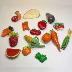 Vintage Ceramic, Wood & Plastic Fruit & Vegetable Magnets In Beautiful Condition